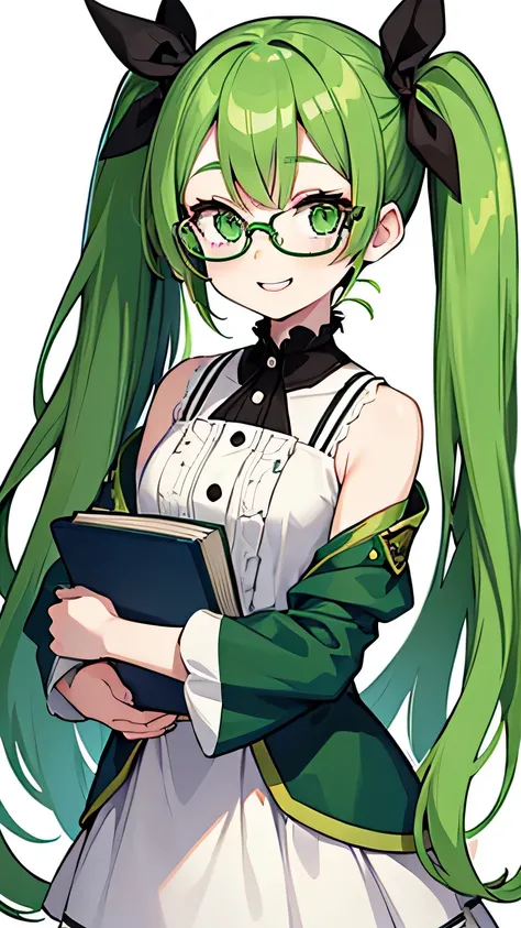 1girl, high quality, (masterpiece), pale skin, green hair, twin pigtails, green eyes, thin glasses, young adult, holding books, nerdy, facing viewer, freckles, cute smile, cheery, feminine, blank background, transparent background