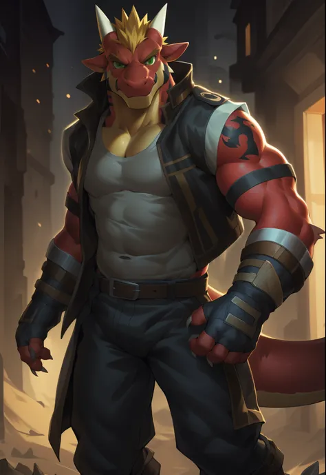 anthro, solo, delga, dragon, clothing, male, topwear, muscular, muscular anthro, jacket, shirt, fingerless gloves, green eyes, muscular male, red body, looking at viewer, hi res, bottomwear, tatoo, white vest, blonde hair, detailed background, photorealist...