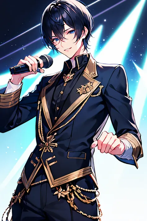 male　black hair　blue eyes　very short hair　one person　Idol　Idol衣装　checked jacket　stage　microphone　smile　masterpiece　Highest image quality　noise removal　clear parts 　cinematic shadow　Increases the attractiveness of the eyes　clear parts the shine of the eyes　...