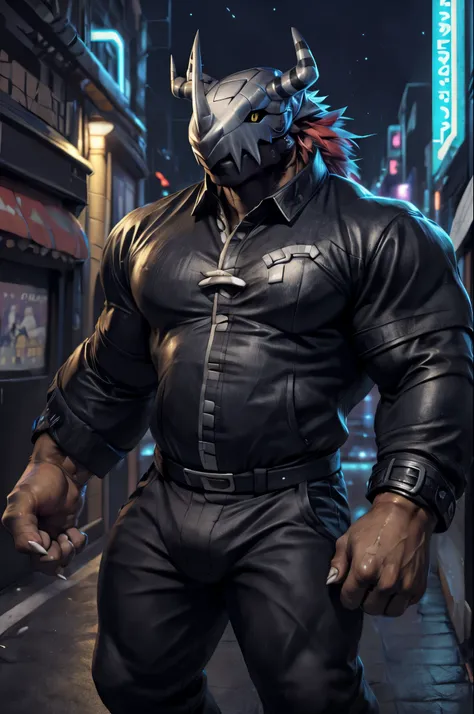 (by null-ghost, by darkgem, by kumak), (wargreymon), safe, markings, black sclera, yellow eyes, male, solo, wearing jacket, pants, solo, muscular, colar, fancy, black shirt, night, city, tokyo, street, akihabara, neon lights,