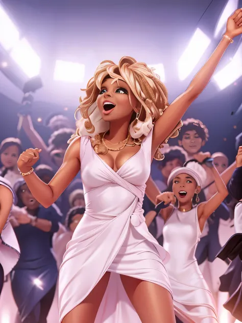 Tina Turner, on stage, singing, short of white dress, style of Scott J Campbell