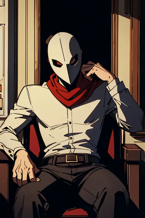 masked man, sitting in chair, in dark