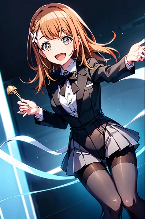 minori3rd, medium breasts, solo, magician, (tuxedo, leotard), (smile, open mouth), (black tights, pantyhose)