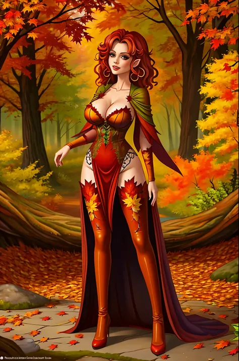  autumn dryad, full-body shot, gorgeous woman, autumn colours, leaf dress, sexy, cleavage, large breasts, wide hips