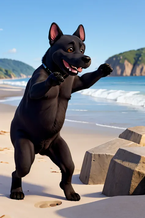 A big black dog at the beach who is all crazy and happy 