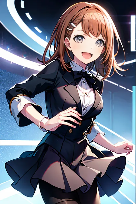 minori3rd, medium breasts, solo, magician, (tuxedo, leotard), (smile, open mouth), (solid black tights, pantyhose)