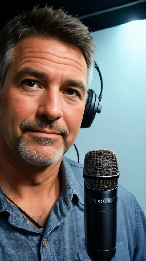 (( melhor qualidade)), frontal close-up of a 50 year old male radio presenter looking at the camera, esta de frente para a camera , usando microfone de rosto e fones de ouvidos, is in a sound booth with various equipment, room with indirect lighting