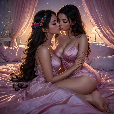 two girl kissing, see her ass,(bright lighting,romantic setting),dreamy background,,dark hair, mesmerizing gaze, , soft skin, alluring beauty, artistic portrait, high-quality image, vibrant colors,translucent long silk gown, mosquito net, lying down, roman...