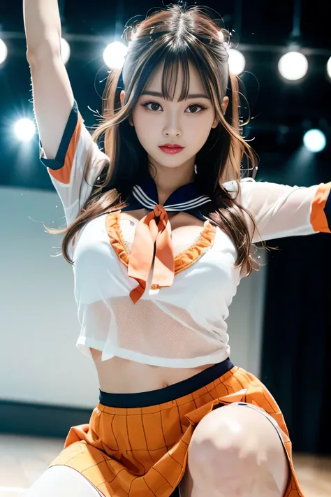 Idol,With a round face,A smile that makes people happy,Classroom wall and window on background,(((Intense dance motion:1.3))),(Let&#39;s spread our hands and dance rhythmically:1.3),(((Dance that emphasizes breasts:1.3))),(stand up and put one knee up:1.3)...