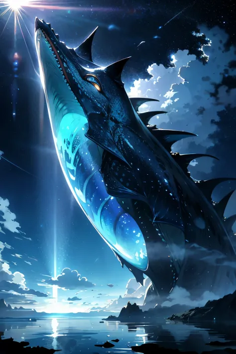 Ultra-realistic 8K CG masterpiece, best quality presentation, Silhouette of a massive underwater Leviathan, captured from the vast expanse of space. The image presents an intricately detailed Leviathan, its colossal form casting an ominous shadow against t...