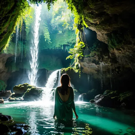 The entrance to the cave is surrounded by bright greenery., and the waterfall plunges into the pure, turquoise pool. Woman with brown hair stands under a waterfall, her silhouette is visible through the rushing water, with a serene expression on his face, ...