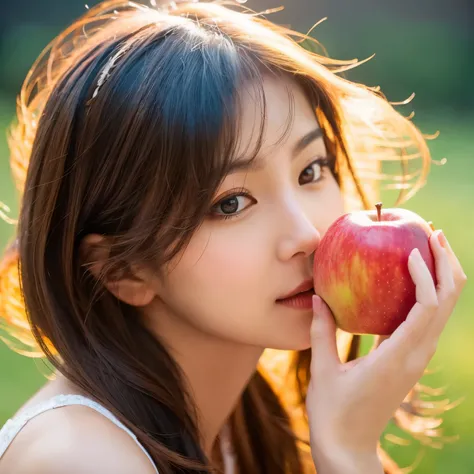 A woman with beautifull face eat apple