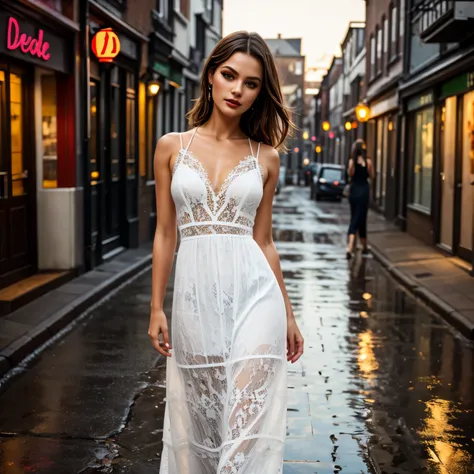 Nsfw, (best quality,8k, ((wearing lace maxi dress)),standing,red light district,highly detailed face and skin texture,detailed eyes,double eyelids),portrait,sunny atmosphere,soft focus,warm color tones,subtle backlighting,dewdrops on lashes,urban landscape...