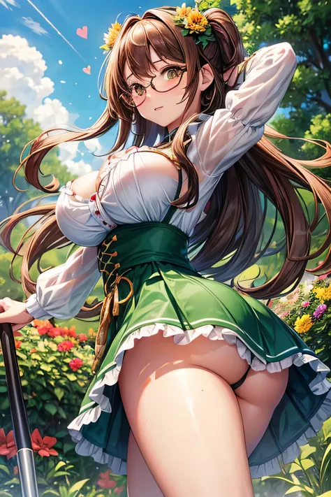 High resolution, high quality, 1 girl, anime girl, brown long hair, brown eyes,heart-shaped pupil, green glasses, tanned skin, big breasts,beautiful breasts,(big ass),beautiful butt,Aqua Cardigan,green dirndl skirt,walk,arm behind head,lower body,in the fl...