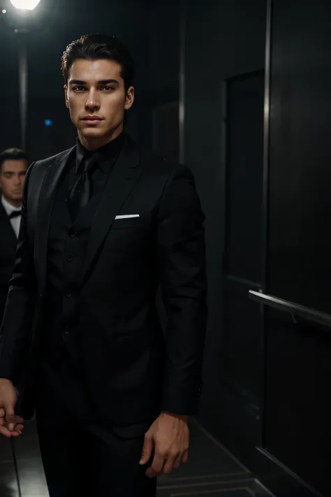 &quot;Man of the Night&quot; - 23-year-old character., white, with an arrogant look and an imposing posture, In an impeccable black suit. Daylight creates a cinematic effect around itself., making your appearance even more elegant and impressive. Your skin...