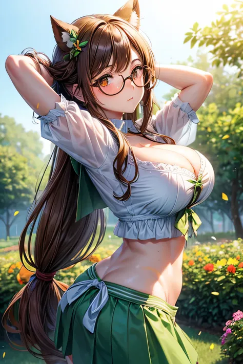 High resolution, high quality, 1 girl, anime girl, brown long hair, brown eyes,heart-shaped pupil, green glasses, tanned skin, big breasts,beautiful breasts,(big ass),beautiful butt,Aqua Cardigan,green dirndl skirt,walk,arm behind head,lower body,in the fl...