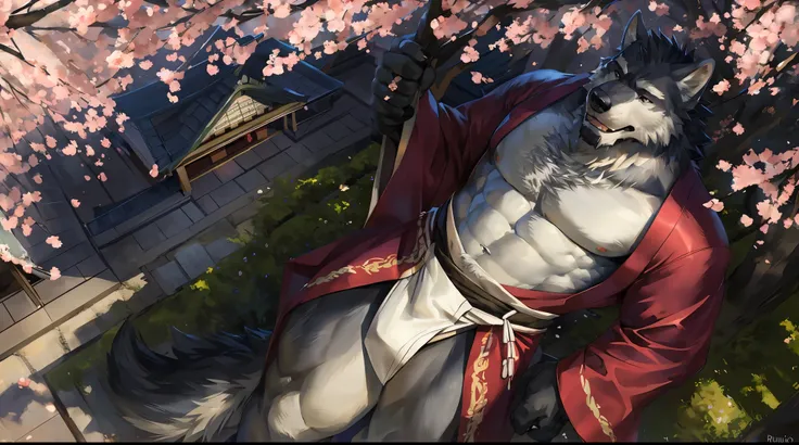 masterpiece,best quality, from high angle,kemono, anthro (wolf), male, (wolf), beard,middle-aged, gray body,white belly,muscular,japanese traditional clothes, white (fundoshi),((open) black formal kimono),,japanese building,look up to the sky,majestic,brut...