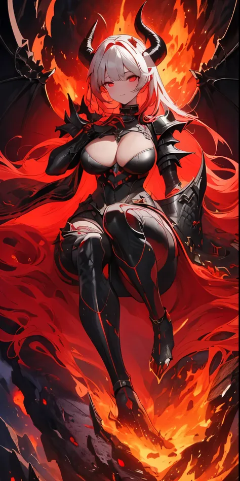 ((best quality)), ((masterpiece)), (detailed), perfect face, 1girl, solo, black and red armour, horns, ashes, molten lava, fire breath, large breasts, black legwear, ultra detailed, highest resolution, best quality, gorgeous lady