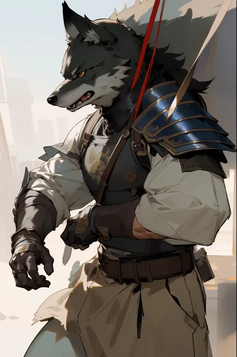 masterpiece, best quality,muscular male wolf anthro,furry,kemono,martial,leather armor, hand strap ,solo, Ruan Jia, Pino Daeni, detailed background,  detailed face