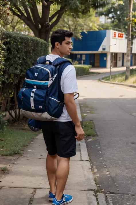 um homem jovem universitario caminhando de costa com mochila e chapeu de universitario