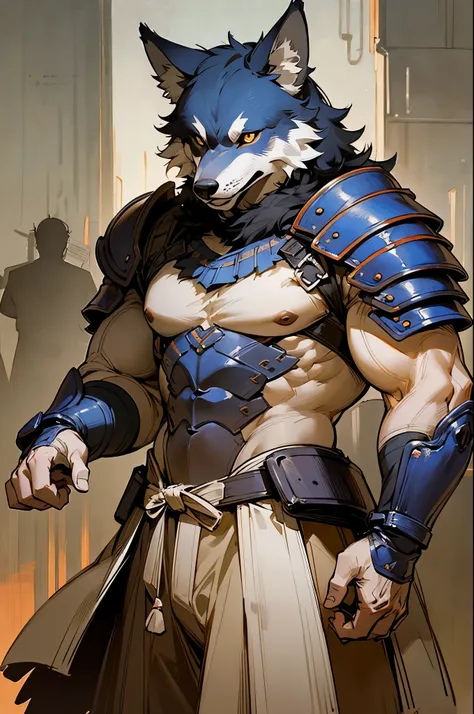 masterpiece, best quality,muscular male wolf anthro,furry,kemono,martial,leather armor, hand strap ,solo, Ruan Jia, Pino Daeni, detailed background,  detailed face