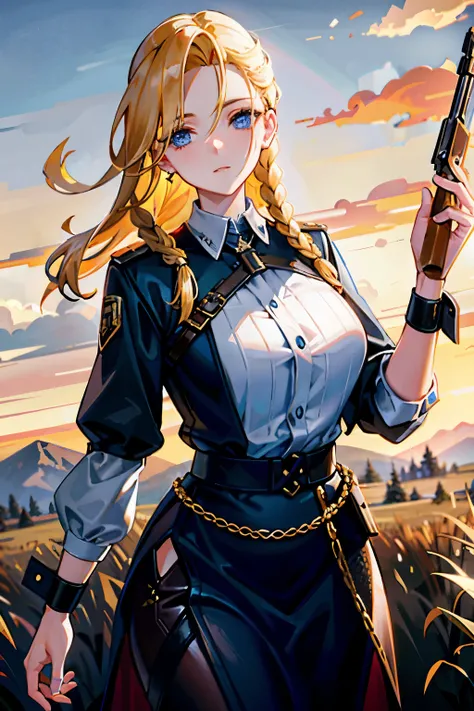 Masterpiece, best quality, 1 woman, blonde haired, braids, holding a shotgun, rural landscape background, (close-up: 1.3)

Detailed and vivid description:

In this masterpiece, a woman with golden braids cascading down her back stands as a striking figure ...