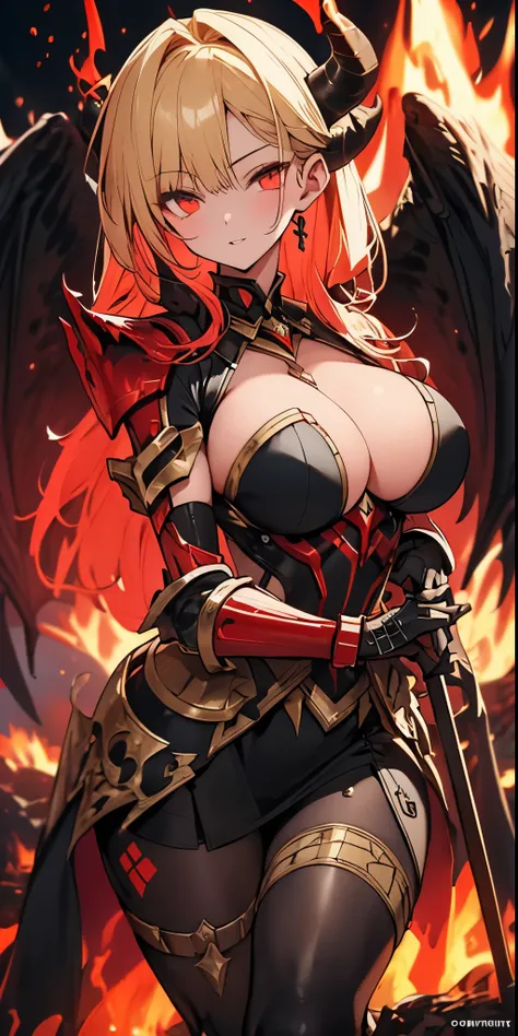 ((best quality)), ((masterpiece)), (detailed), perfect face, 1girl, solo, black and red armour, horns, ashes, molten lava, fire breath, large breasts, black legwear, ultra detailed, highest resolution, best quality, gorgeous lady