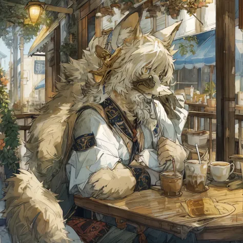 top quality, best quality, High-quality illustrations, masterpiece, super high resolution, detailed background, detailed background, cafe, Terrace, drink, coffee, staff, absurdres, perfect anatomy, expression, good lighting, cinematic shadow(kemono, furry ...