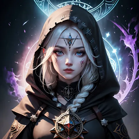 Full face mask on a hooded female mage warrior adorned with asymmetrical designs, closeup, Intertwined arcana and illuminati symbols, including Eye of Horus, tons vibrantes, artesanato hiperdetalhado e elaborado, aura misteriosa, pintura digital, digital i...