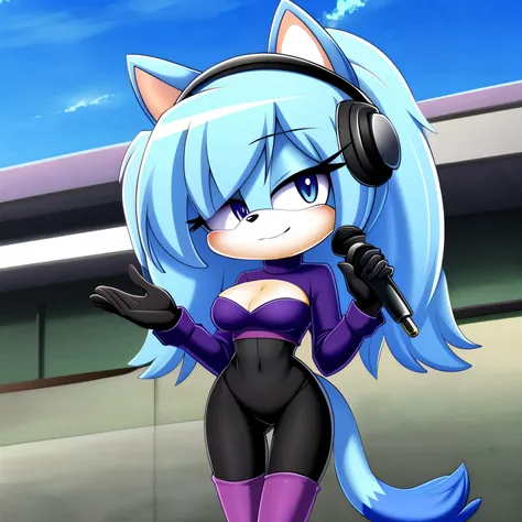 Female, Mobian, ((Cat)), long hair, large brushed hair bang over one eye, (((sky blue colored fur))), purple colored eyes, (weight or black long sleeve tube top), black short tights, black gloves, black knee high high heeled boots, cat tail, (perfect hourg...