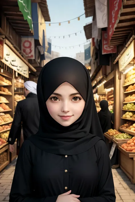 In the hairless Anime style of UFOTABLE studio with excessive details: Render a portrait of a 24-year-old woman in a black Abaya and Khimar Hijab, her eyes shimmering with hope. Place her amidst a bustling marketplace, where merchants from diverse backgrou...