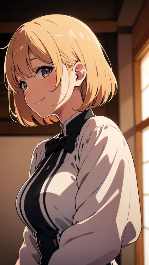 highest quality, detailed face, 1 girl, middle chest, smile, dress up, (attractive, puffy eyes:1.2), excellent anatomy, looking at the viewer, soft focus, golden hour lighting, Depth of the bounds written, happy expression, short cut hair, profile shot