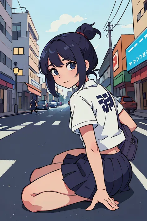 (melhor qualidade:0.8) perfect anime illustration, Um bonito, mulher feliz com cabelo castanho curto e encaracolado nas ruas da cidade, vestindo um moletom, skirt anime girl on all fours looking back and making a naughty naked face 