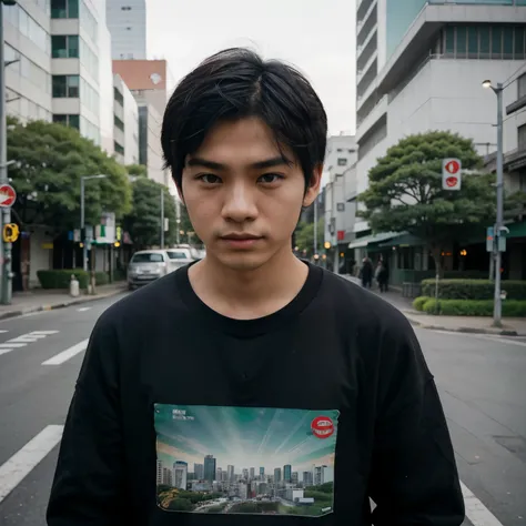 Asian boy with black hair back, 19 years old, small dark circles, green eyes, black sweatshirt with Tokyo landscape