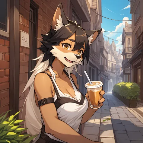 top quality, best quality, High-quality illustrations, masterpiece, super high resolution, detailed background, detailed background, cafe, Terrace, drink, coffee, staff, absurdres, perfect anatomy, expression, good lighting, cinematic shadow(kemono, furry ...