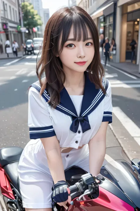 big and full breasts、(((A transparent white sailor suit that sticks to the chest,school uniform:1.7))),(((A woman wearing a transparent sailor suit:1.7 ))),(((A woman riding a colorful custom-painted motorcycle through the city:1.7))), Shiny light brown an...