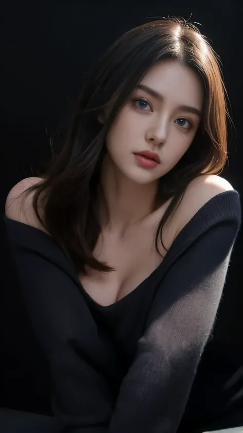 ultra high res, masterpiece, best quality, perfect glossy shiny skins, perfect lighting, detailed lighting, dramatic shadows, ray tracing, black sweater, looking at viewer, off shoulder, Big breasts, Exposed cleavage, blue Eyes, nsfw, ((Dark background)), ...