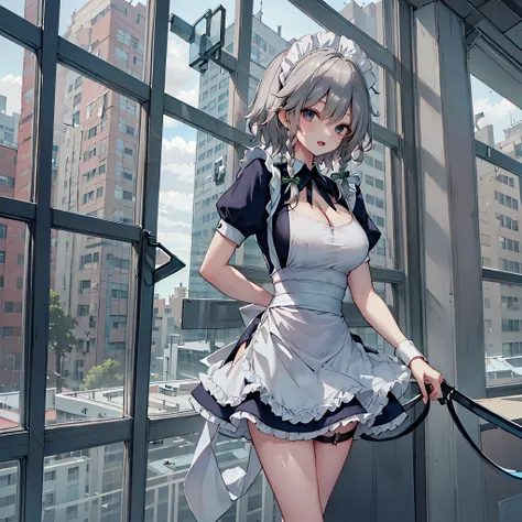 (solo Sakuya toho character standing at front of large glass windows), skinny, (open long legs wide:1.3), BREAK, (large perky breasts), (emphasize cleavage), (inconceivably thin narrow waist:1.6), short torso, thin long legs apart, arms behind back, arched...