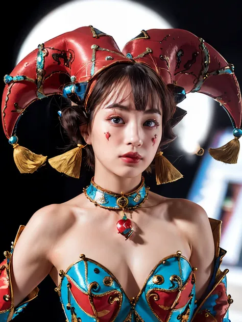 masterpiece, high quality, bob cut, black hair, 1 girl, j3stdr3ss,cleavage,bare shoulders,removed sleeve,strapless,tassel,clown hat, clown dress, white background, slim abs: 1.2, Highly detailed face and skin texture, fine eyes, double eyelid,