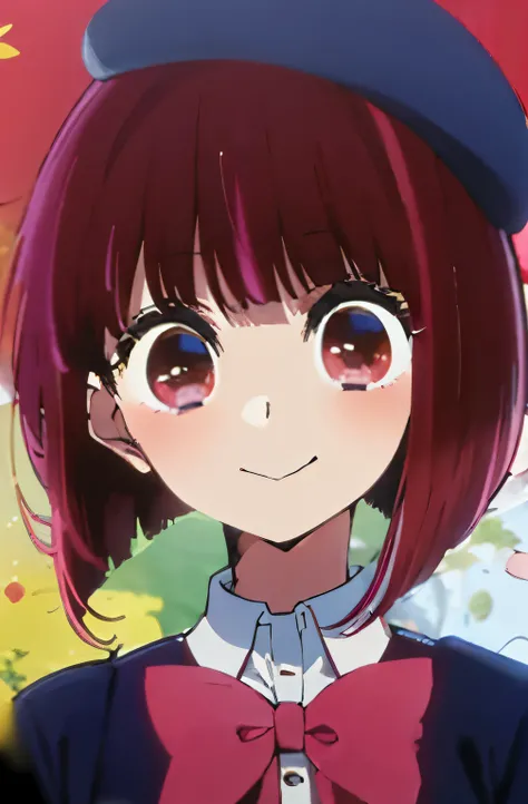 arima kana, big round eyes, vibrant red hair, innocent face, wearing a small blue beret on the side of her head, dark pink eyes, curious face, short hair