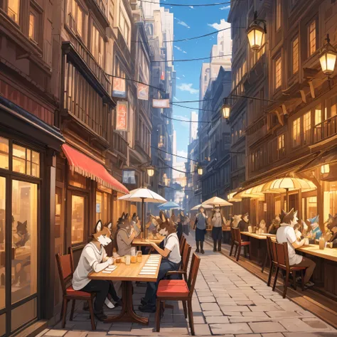 top quality, best quality, High-quality illustrations, masterpiece, super high resolution, detailed background, detailed background, cafe, Terrace, drink, coffee, staff, 6+boys, 6+girls, absurdres, perfect anatomy, expression, good lighting, cinematic shad...