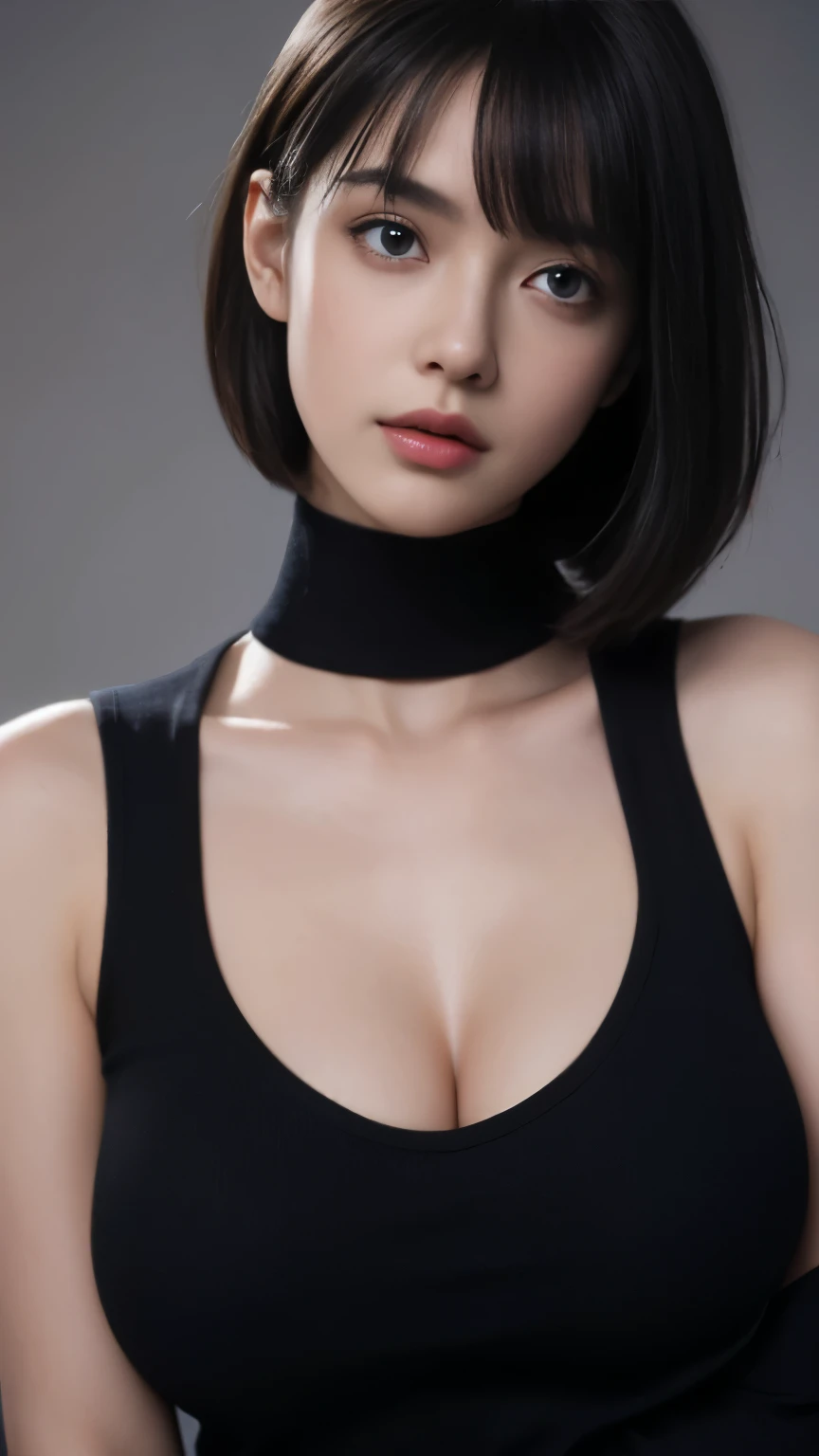 Skin Tight Black Top:1.2, Looking at Viewer, Cinematic lighting, Perfect, soft light, High resolution skin:1.2, Realistic skin texture, Realistic face, off shoulders, Exposed cleavage, Blue eyes, Short hair, open mouse, big boob, straight Bangs,