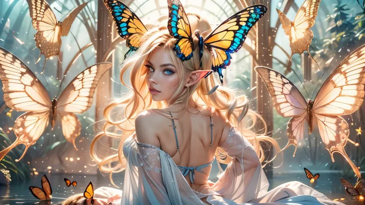 (Beautiful woman, detailed makeup, detailed facial features, Glowing blue eyes, seductive expression, blonde hair, large breasts:1.3, realistic elf ear, four fingers on each hand, detailed fingers, proportional hands, massive butterfly wings in the center ...