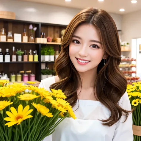 (highest quality、table top、8k、best image quality、Award-winning work)、Beauty of Spain、Spanish face、flower shop clerk、brown eyes、golden and brown hair、beautiful wavy hair、blurred background、The most natural and perfect flower shop interior、The store is decor...