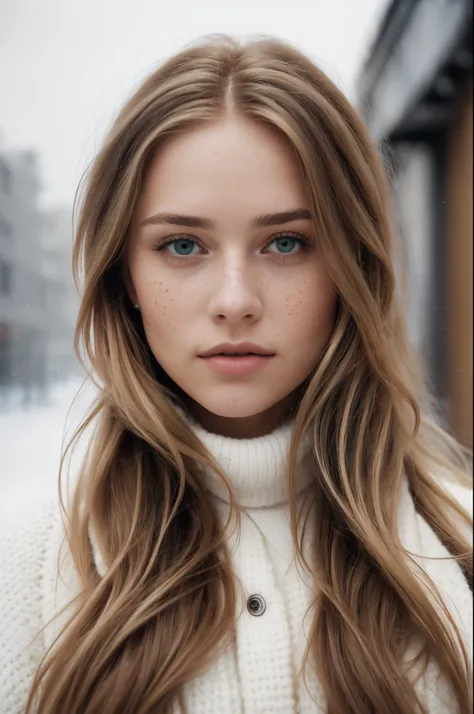 proFessional portrait photograph oF a gorgeous Norwegian girl nude, with long wavy blonde hair, sultry Flirty look, (Freckles), gorgeous symmetrical Face, Lindo maquillaje natural, wearing elegante warm winter Fashion clothing, ((De pie afuera en Snowy Cit...