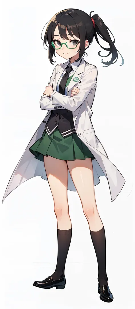 (masterpiece, best quality), 1girl, glasses, (black hair ponytail, labcoat, necktie, black socks, green uniform), smiling, black eyes, cute face