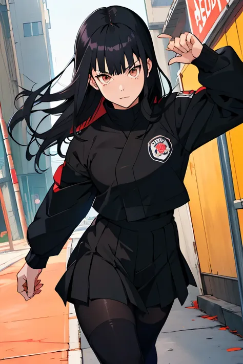  teenage girl, long Black hair, bangs, light skin, dark brown eyes, black school girl uniform. Black tights, mature looking, playful, jujutsu Kaisen.