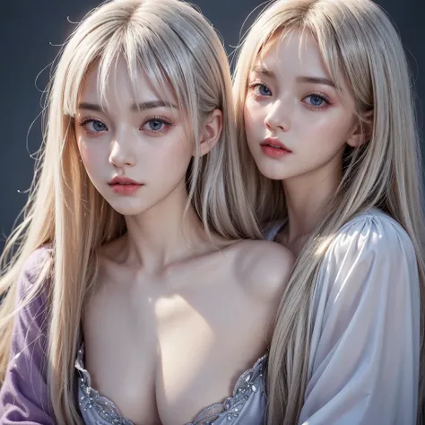 highest quality、masterpiece、(realistic:1.2), (((20-year-old, , Very cute face)))、super long platinum blonde straight hair、bangs between the eyes、white skin、glowing skin、 princess dress, frontage、detailed face、so beautiful、Sparkling vivid purple eyes、(brigh...