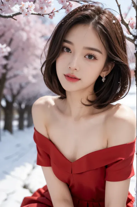 (((best quality))),(((ultra detailed))),(((masterpiece))),illustration,1girl,bare shoulders,bare tree,branch,small breasts,slim,detailed eyes,red cherry blossoms,earrings,jewelry,red lips,shoulder length straight bob hair,looking at viewer,nature,off shoul...