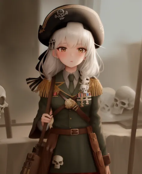 The battle was over and a pile of skulls was all around. The beautiful army girl is standing still. 🏴‍☠️